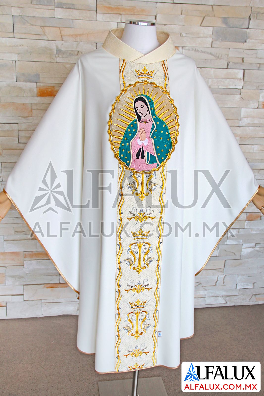 29 MARIA EMPERATRIZ Alfalux Casulla Central Blanco Brocado Hueso Medallon Virgen 200 (2)